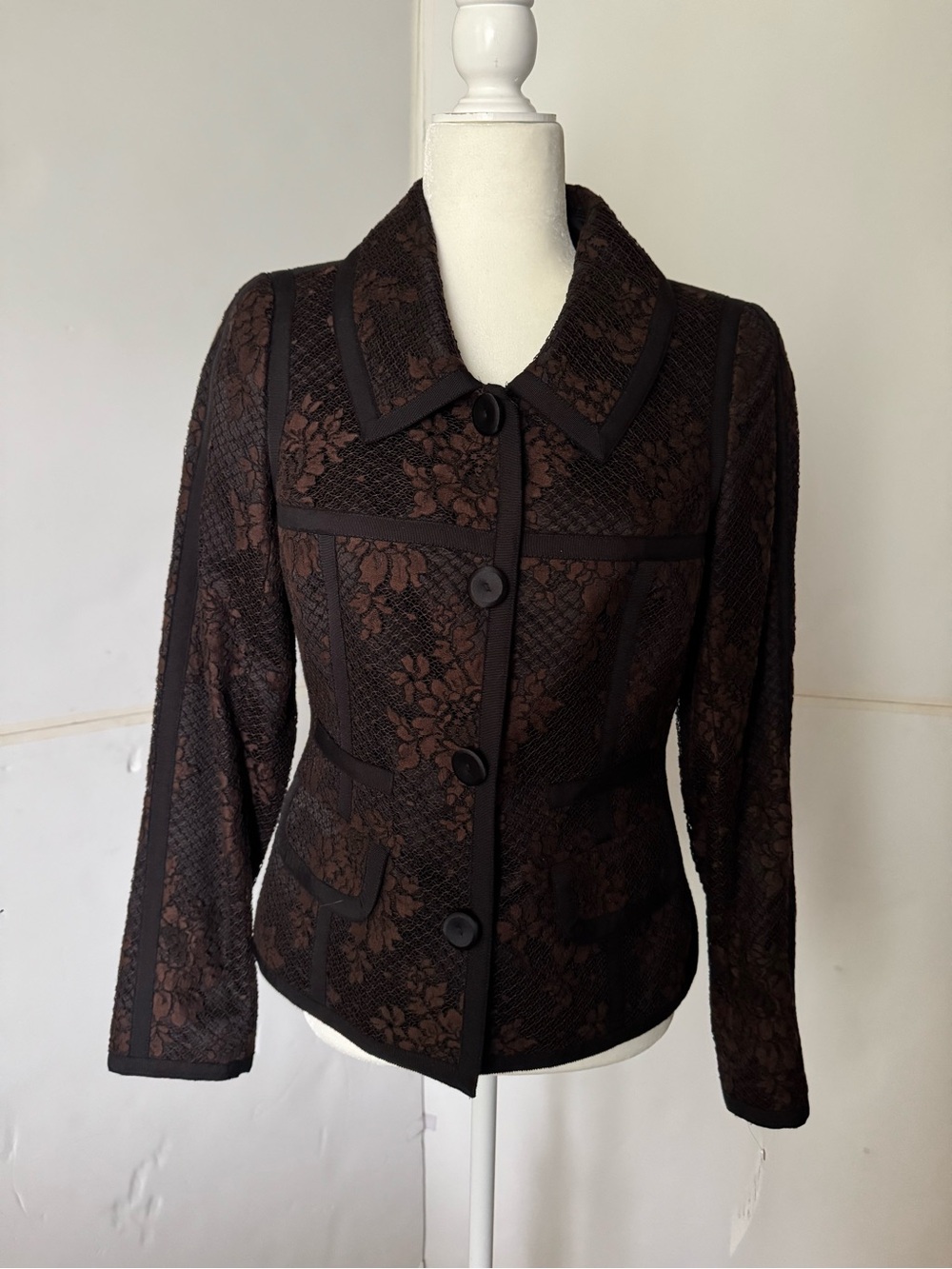 Escada Dark Brown Lace and Ribbon  Blazer